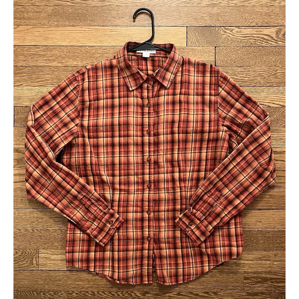 Pendleton Womens 100% Cotton Red Orange Plaid Long Sleeve Shirt Medium